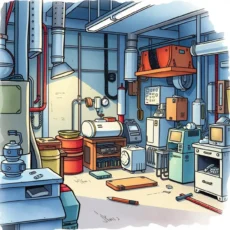 Manufacturing workshop showcasing equipment parts and tools for maintenance.