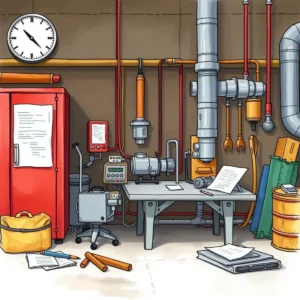 Equipment maintenance workspace with a digital clock, tools, and machinery for safety manual creation.