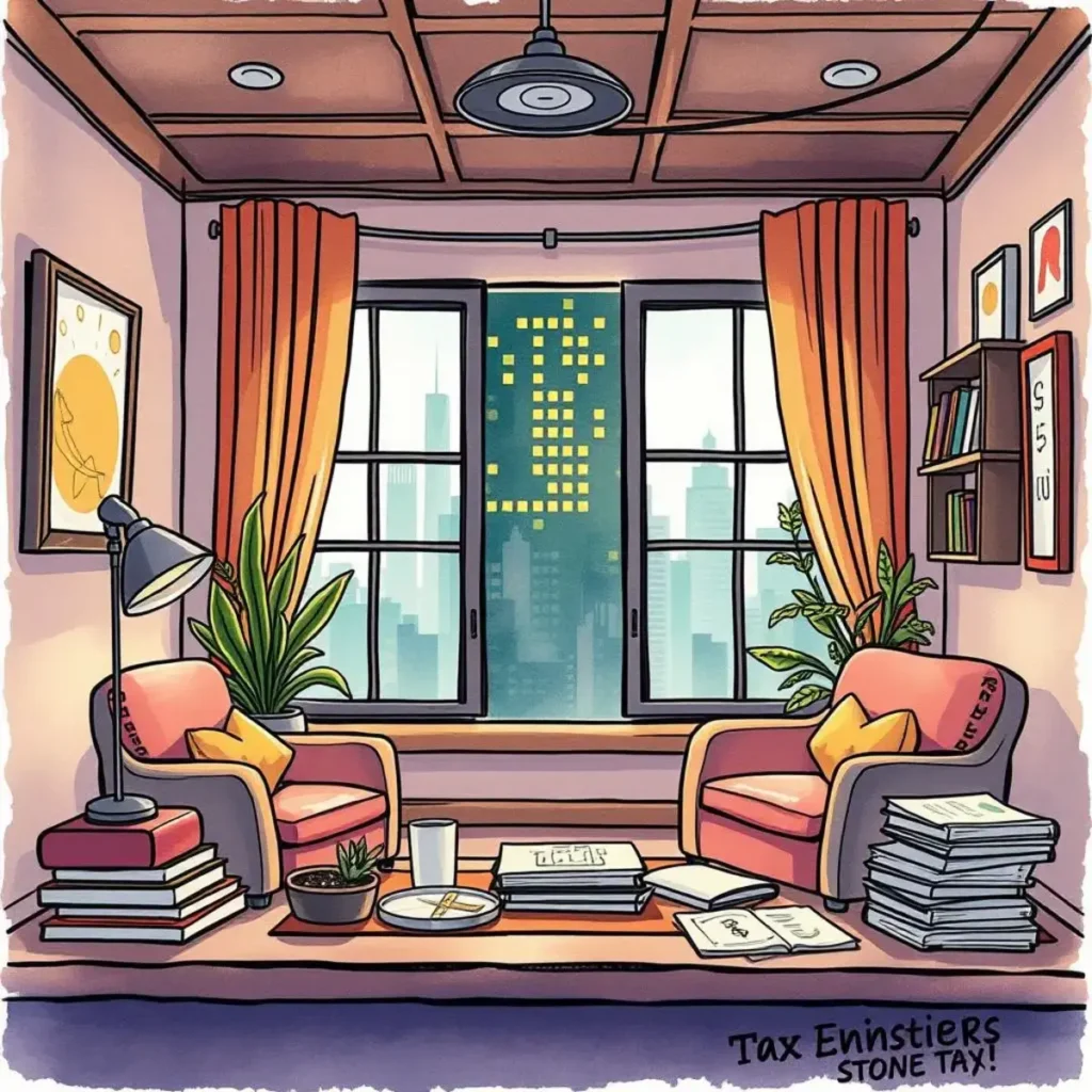 Income variability insight: Reveal insights based on income fluctuations for taxes 1 Income variability insight workspace featuring books, plants, and city skyline view.