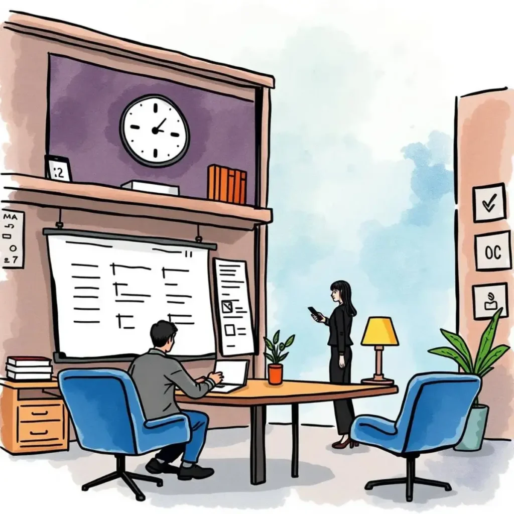 Professionals collaborating in a modern office, reviewing ethical audit checklists.