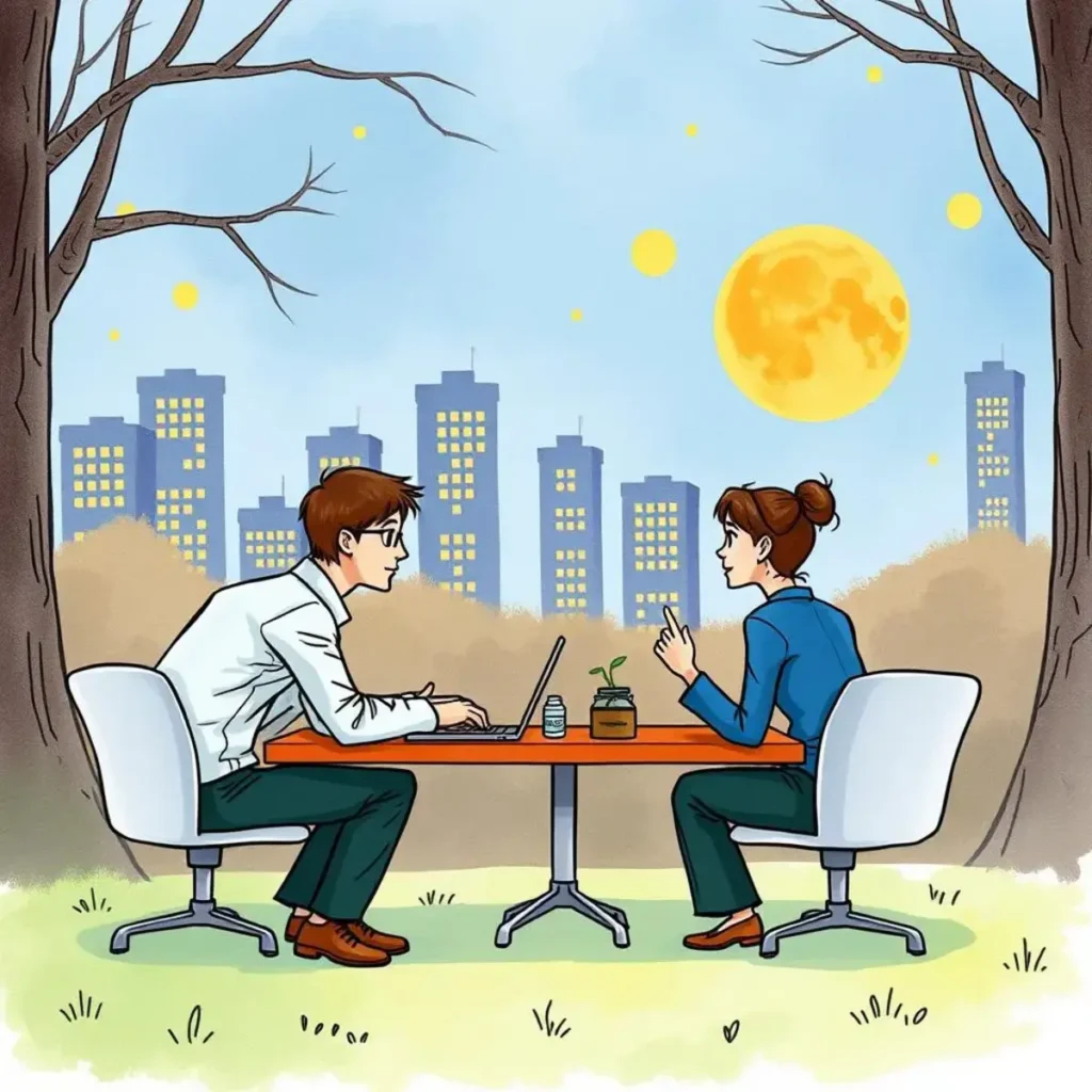 Ethics assessment summarizer: Summarize results of ethical assessments 1 Ethics assessment discussion between two professionals outdoors, focusing on summarizing ethical assessments.