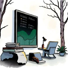 A cozy workspace featuring a digital evaluation report display.