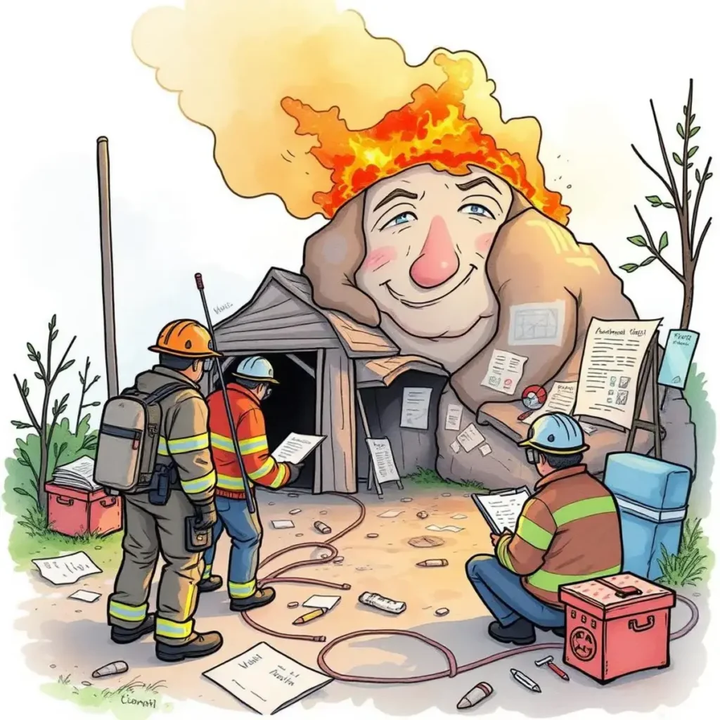 Event analysis assistant: Summarize key aspects from incident narratives 1 Two safety workers reviewing incident reports near a whimsical, smiling rock.