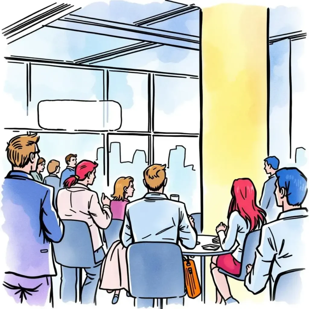 Event connection reminder: Create reminders for connecting with attendees 1 Business professionals networking and collaborating in a bright conference room.