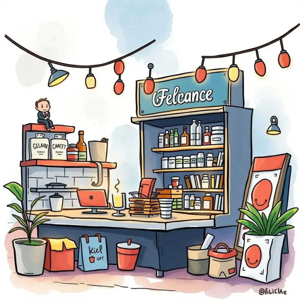 Event description generator: Generate enticing details for promotions 1 A cozy café scene with a character, shelves of products, and decorative lights highlighting creativity in brand promotion