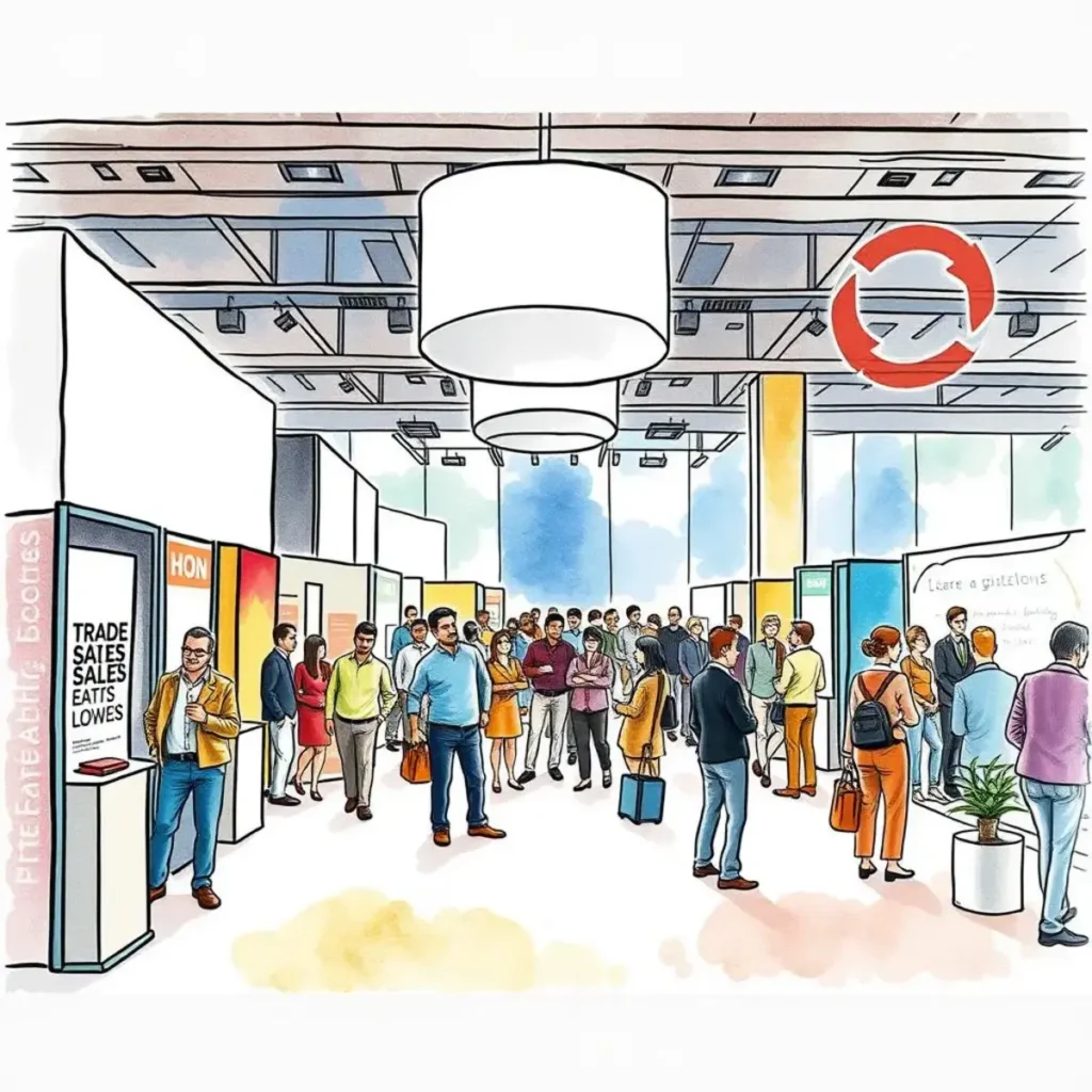 Event engagement strategy creator: Design plans for maximizing lead generation at events 1 Crowded trade show floor with professionals networking and engaging.