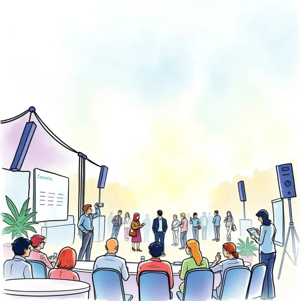 Group of event attendees engaging in feedback discussions outdoors.