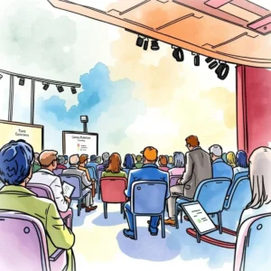 Event feedback snapshot: Capture key insights for decision making 10 Event feedback snapshot illustrated with a diverse audience engaged in a presentation setting.