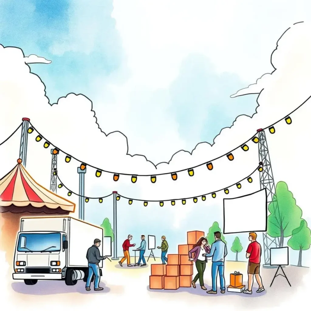 Event resource utilization reporter: Report on resource usage for events effortlessly 1 Illustration of event logistics with people coordinating resources outdoors.