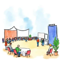 Illustration of a lively event space with attendees engaged.
