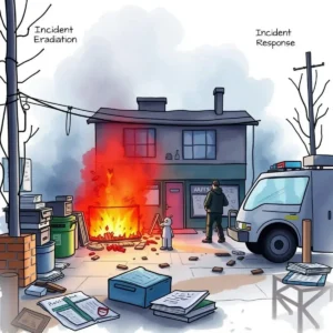 Evidence collection synthesizer: Generate comprehensive evidence reports 4 A chaotic scene depicting incident eradication and response efforts amid a burning fire