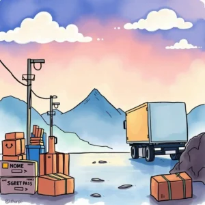 A colorful illustration of a delivery truck with packages in a scenic landscape setting.