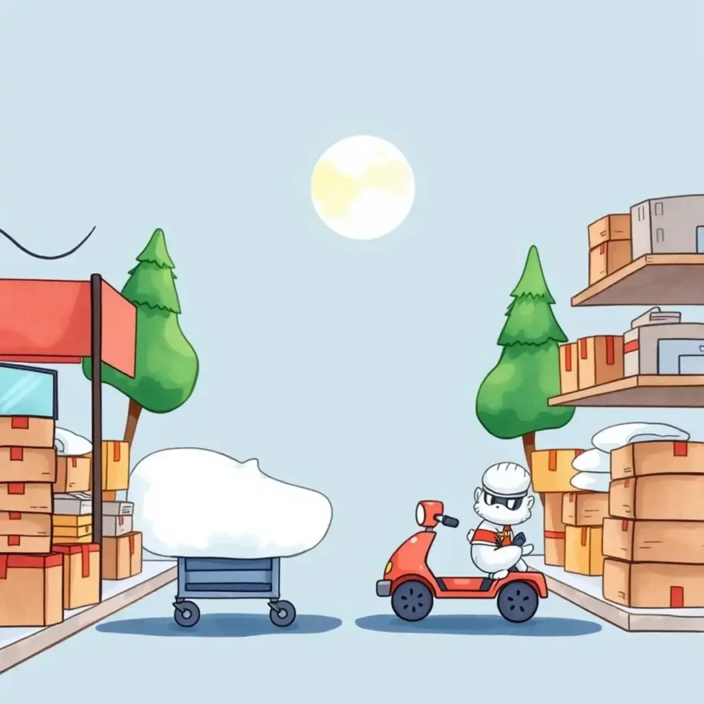 Exchange eligibility checker: Determine if items are eligible for exchange 1 Character on scooter navigating a busy warehouse with boxes and carts.