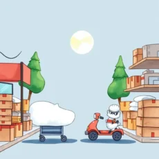 Character on scooter navigating a busy warehouse with boxes and carts.