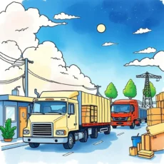 Trucks transporting goods along a rural road, surrounded by trees and buildings.