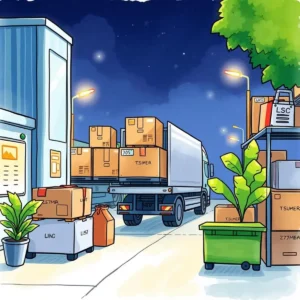 Exchange process explainer: Summarize steps for product exchanges 5 Warehouse scene with delivery truck and stacked boxes.