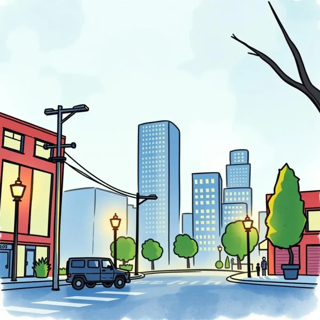 A city intersection featuring buildings, trees, and a parked vehicle for lease renewal management context