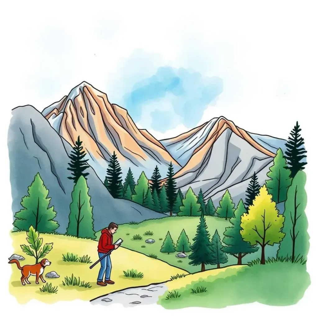 Executive summary generator: Create executive summaries from detailed performance data 1 A person walking a dog and reading notes in a lush, mountainous landscape with greenery and trees