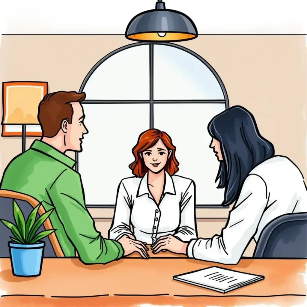 Exit data synthesizer: Generate comprehensive exit interview reports 1 A group of three people engaged in an exit interview discussion at a table.