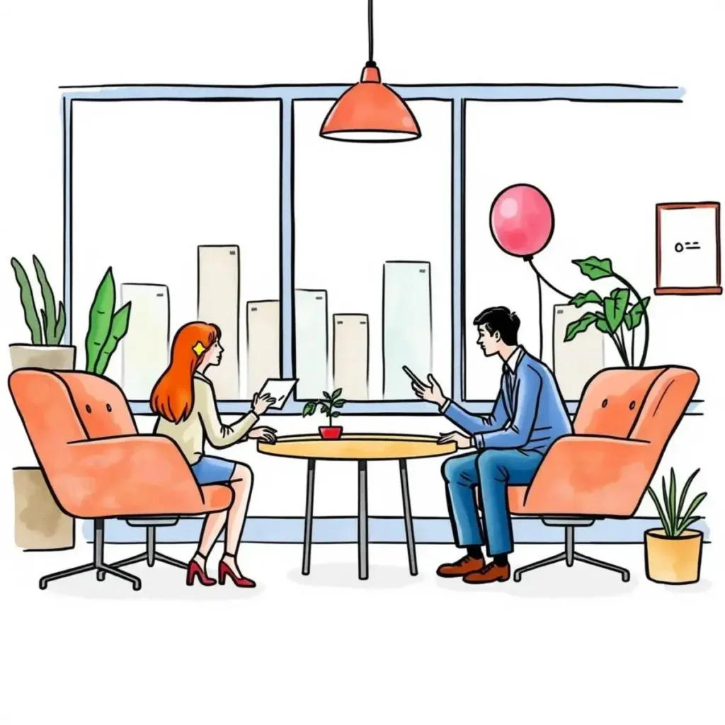 Exit interview planner: Simplify planning for employee departure discussions 1 Two professionals conducting an exit interview in a modern office setting.