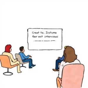 Interview date setter: Automatically arrange dates for exit interviews 1 Illustration of a team preparing for exit interviews in a meeting room.