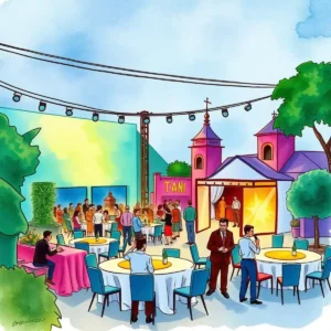 Vibrant outdoor event scene with tables, decorations, and attendees mingling.