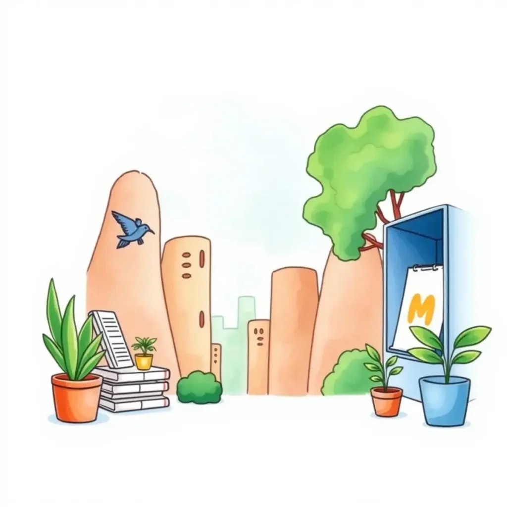 Approval workflow analyzer: Analyze and suggest improvements for expense approval workflows 1 Illustration depicting a serene workspace with plants and cityscape.
