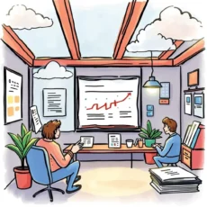Professionals reviewing expense forecasts in a collaborative office setting.