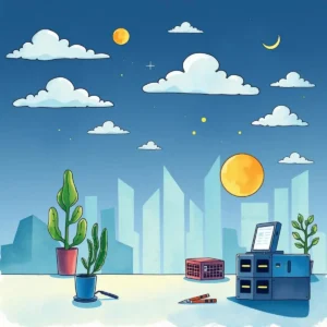 A digital illustration of an office scene with plants, a printer, and a skyline under a blue sky.