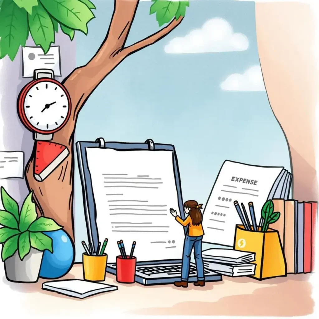 Expense justification generator: Automatically craft justifications for expenses claimed 1 A person reviewing documents related to expense justifications in an office setting.