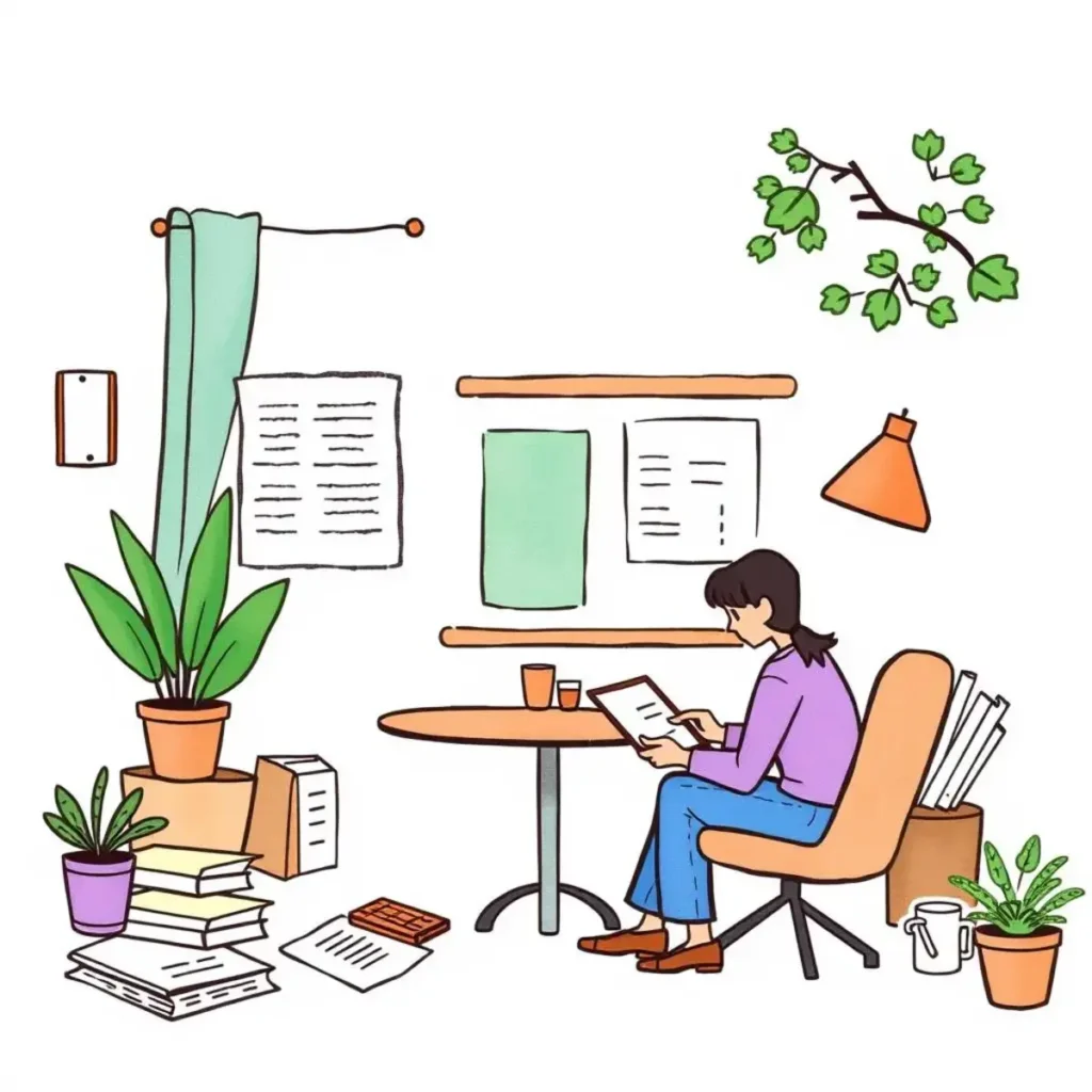 Expense report summarizer: Generate concise summaries for reimbursements 1 A person sitting at a desk reviewing expense report documents in a cozy office environment.