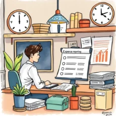 Person working at a desk, focused on expense reporting tasks.
