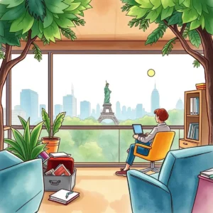 A professional sitting at a desk in a modern office, overlooking iconic landmarks for expense validation.