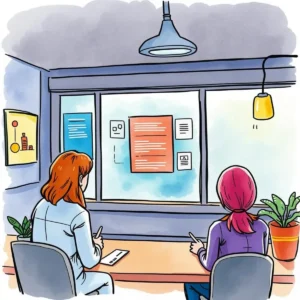 Two professionals analyze customer feedback displayed on a window in a bright office setting.