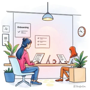 A woman and a girl analyze onboarding feedback in a modern workspace with plants and a clock.
