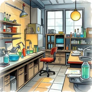 A vibrant research laboratory with glassware and equipment