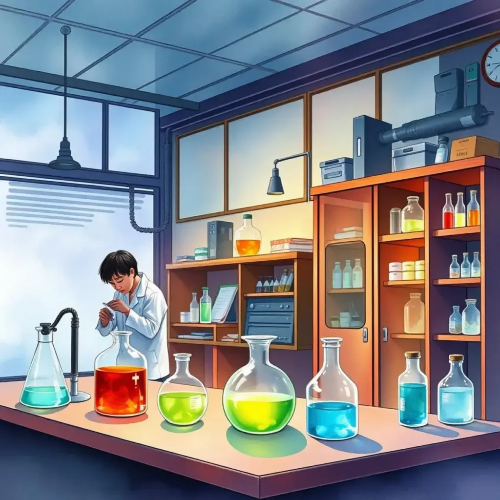 Experimental design architect: Assist in structuring your experimental framework 1 Scientist conducting experiments in a laboratory filled with colorful solutions.
