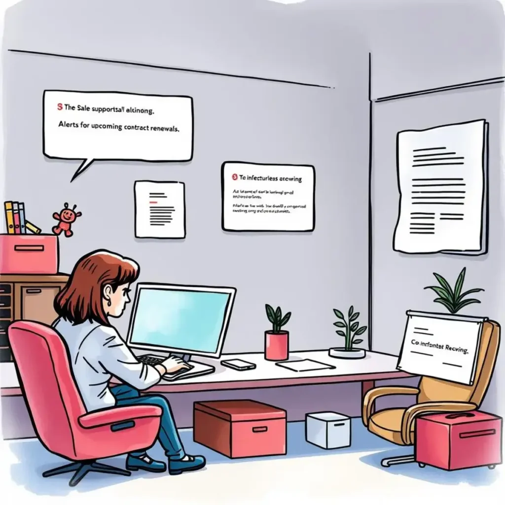 Expiry reminder: Alerts for upcoming contract renewals 1 Woman working at a desk, focused on contract renewal alerts.