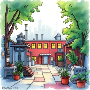 A colorful courtyard featuring plants, buildings, and utilities ideal for energy benchmarking analysis.