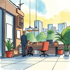 A modern office space showing two people discussing floor plans, with city views outside.