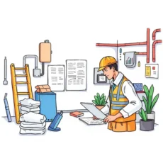Maintenance worker organizing facility issue reports in an office setting.