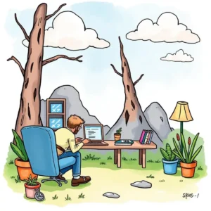 Person working at a desk outdoors, verifying blog content.
