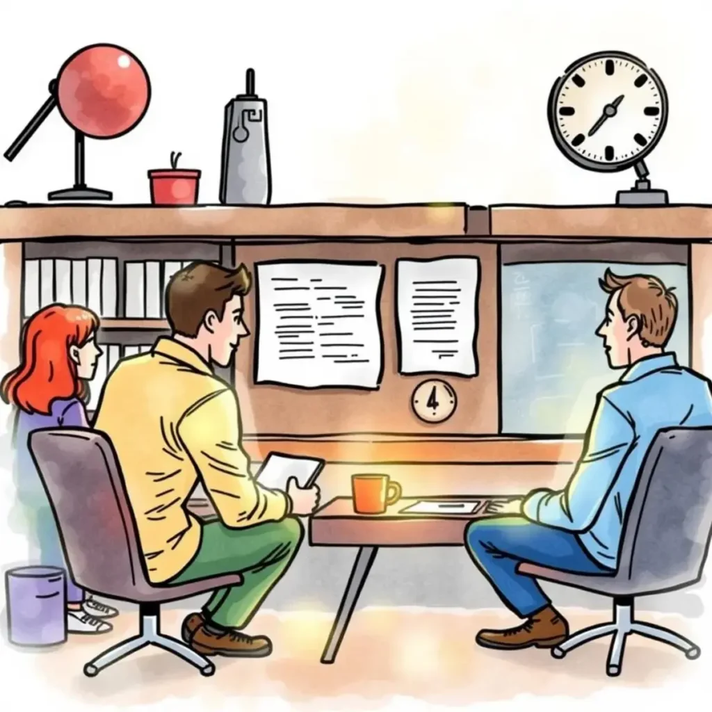 Fact summary generator: Summarize facts for investigation reports automatically 1 Three professionals discussing grievance reports in an office setting.