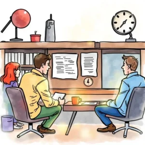 Three professionals discussing grievance reports in an office setting.