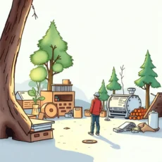 Person analyzing data in an outdoor setting surrounded by machinery and materials.