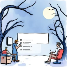 Two people in a training session discussing frequently asked questions on a board.
