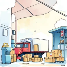Red delivery truck surrounded by boxes in a warehouse setting, illustrating returns management operations
