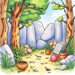 A tranquil forest scene featuring rocks, trees, and research tools for data analysis in a natural setting.