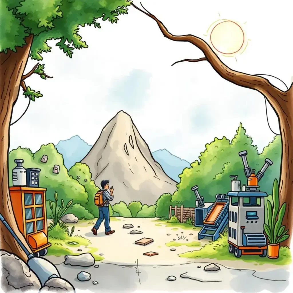 Feasibility criteria mapper: Map out criteria for feasibility assessment 1 A person navigates a scenic path with innovation tools in nature.