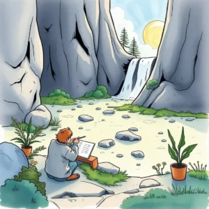 Person analyzing data in a serene natural environment with a waterfall.
